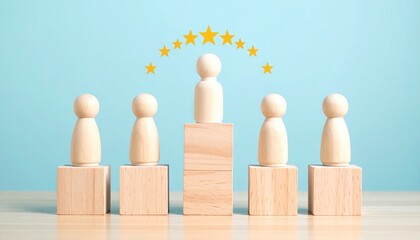Five wooden figurines on blocks, central figure elevated with arc of yellow stars above—symbolizing leadership, recognition, achievement, and peer distinction in a clean, minimalist setting.