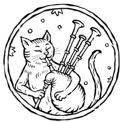 Hand drawn engraving style cat playing bagpipes inside decorative circular frame. Vintage medieval heraldic animal illustration in gothic style