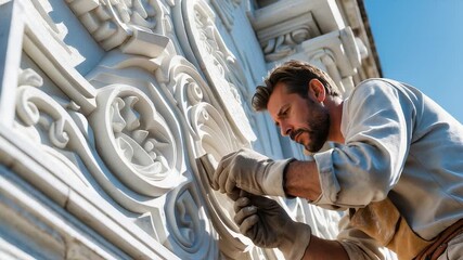 Skilled artisan restoring decorative stone carvings on historic architectural facade with precision craftsmanship under bright daylight