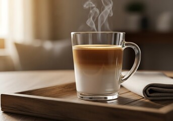 Glass latte mug with steam on rustic wooden tray and linen napkin, warm daylight and cozy tones, editorial beverage photography for seasonal ads