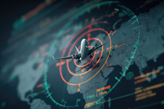 Radar Monitor. Air Traffic Control Radar screen and plane that is flying in the screen. background is a world map
- Powered by Adobe