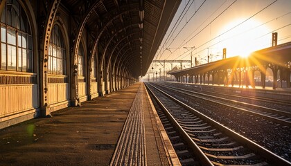 Fototapeta premium Sunlit train station platform with ornate roof and empty tracks—golden hour glow, long shadows, and architectural symmetry evoke calm, nostalgia, and quiet beauty in a transit setting.