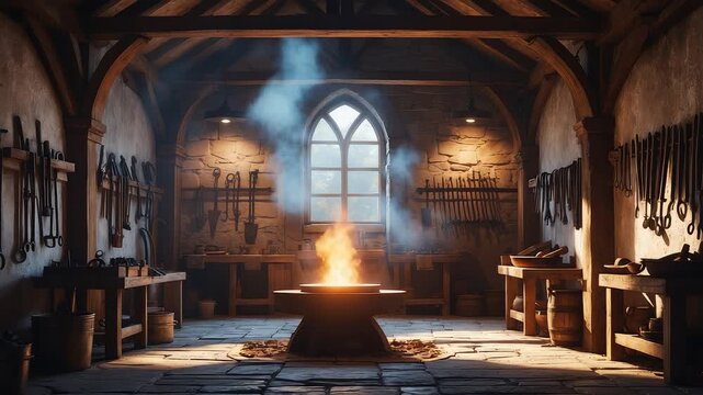 Traditional blacksmith workshop with glowing forge fire, rustic stone walls, medieval tools, and authentic atmosphere of craftsmanship