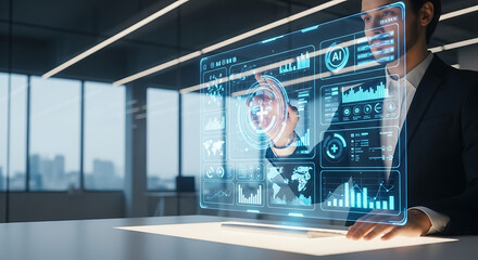 Man interacting with holographic ai interface in modern office with city view through windows ai generated