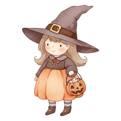 Watercolor witch girl holding a pumpkin bucket with candy wearing a pointy hat and striped socks transparent background