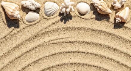 Seashells and coral on textured sand flat lay, bright natural daylight, coastal editorial composition for travel and summer campaign visuals