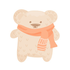Cute homemade teddy bear in a scarf. Adorable knitted toy vector illustration.