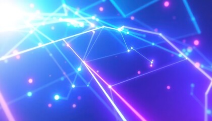 Abstract blue and purple glowing network with interconnected lines and dots, representing technology, data, communication, and digital innovation. Ideal for science, business, or modern design.