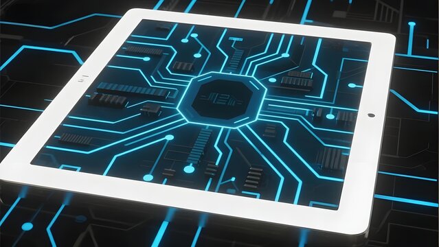 Digital tablet displaying a glowing circuit board design