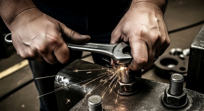 Worker’s hands adjusting steel bolts, dramatic industrial lighting, cinematic close-up photography for mechanical and workshop branding