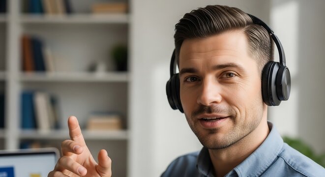 Professional online educator gesturing in bright home office, cinematic window light, modern stock photography for e-learning and educational content