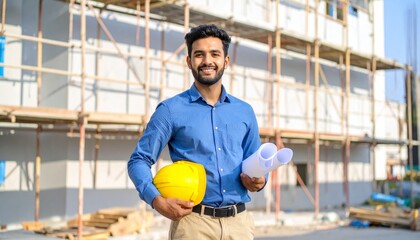 Person holding yellow hard hat and blueprints in front of active construction site—symbolizing architecture, planning, and development with focus on engineering professionalism and progress.