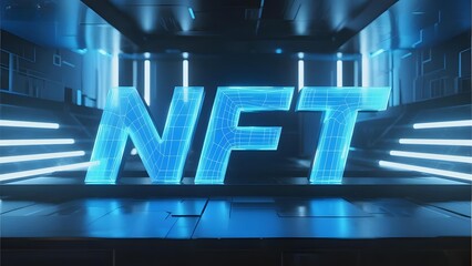 Illuminated 'NFT' text in a futuristic, neon-lit environment