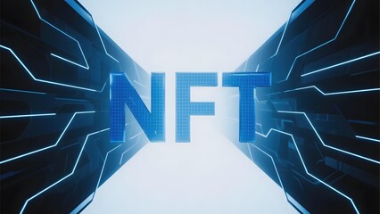 Futuristic digital display featuring the letters 'NFT' illuminated in blue against a high-tech background.