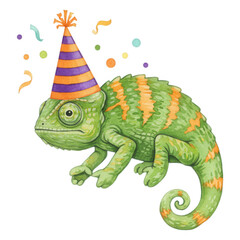 Obraz premium Green chameleon wearing a striped party hat with colorful confetti and streamers isolate