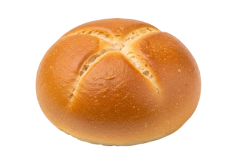 A round, golden-brown bread roll, showcasing a distinctive crosshatch pattern of grooves, is presented against a pure black backdrop.