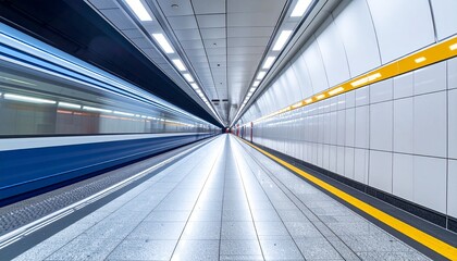 Symmetrical underground subway platform with motion-blurred train and illuminated tiles—evoking speed, precision, and modernity in a clean, futuristic transit environment.