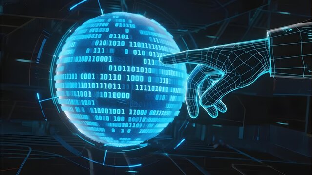 Digital Hand Reaching for a Binary Code Globe in a Futuristic Setting - Powered by Adobe