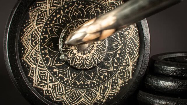 Close Up Of Black And Gold Patterned Weight Plate Stacked With Additional Weights Resting On A Barbell Against A Black Background
