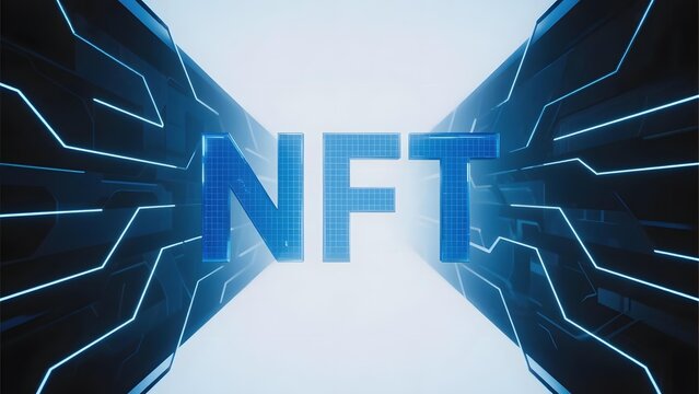 Futuristic digital display featuring the letters 'NFT' illuminated in blue against a high-tech background.