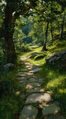 Sunlit stone path through lush forest