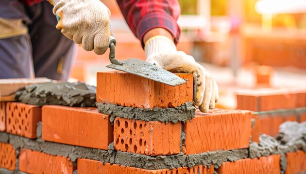 Close-up of construction worker laying red bricks with trowel and mortar—capturing craftsmanship, structure, and foundational labor in a raw, hands-on building process.
