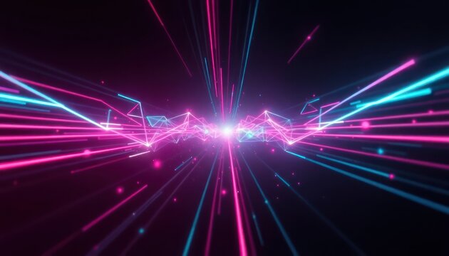 Dynamic abstract background with glowing pink and blue light trails and interconnected lines, symbolizing data flow, speed, and modern technology in a digital network.