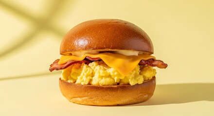 Toasted brioche bun with scrambled eggs, cheddar cheese, and crispy bacon, pastel yellow background, eye-level breakfast photography for high-end editorial use