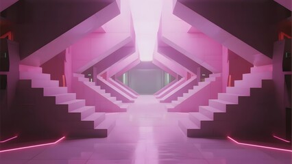 Symmetrical Staircase with Pink Lighting and Geometric Design