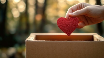 A hand holds a red heart shape above a cardboard box, symbolizing love and kindness in a serene outdoor setting.