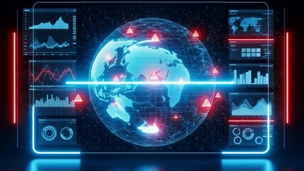 Monitoring Global Cyber Attacks: Futuristic Earth Globe with Red Alert Signals - Powered by Adobe