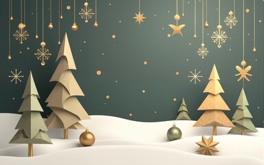 Simple Christmas background, golden geometric minimalist elements and icons. Happy new year banner. Xmas tree, snowflakes, decorations elements. Retro clean concept design. High quality