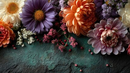 Flat lay of flowers and green chalkboard with space for text, Teacher's Day concept