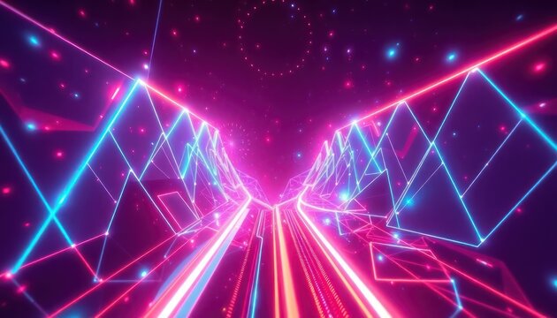 Vibrant neon light tunnel with geometric lines and glowing particles, creating a dynamic, futuristic digital pathway. Ideal for technology, gaming, or party concepts.