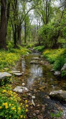A tranquil creek winding through a vibrant spring forest
