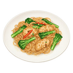 Noodles with chicken broccoli and chili on a white plate isolate food asian food