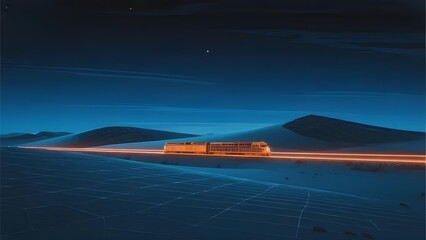 Train traversing a desert landscape at night with vibrant light trails