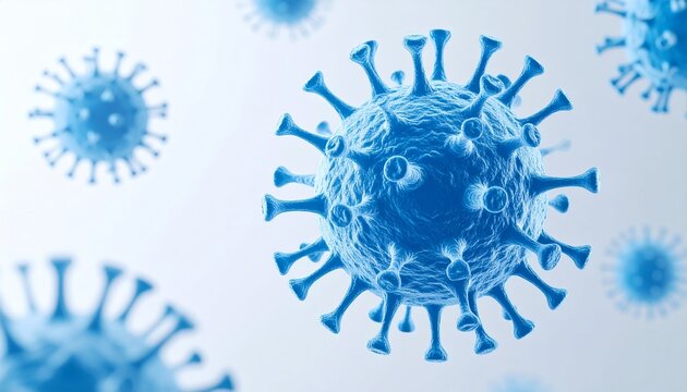 Digital rendering of spherical virus particles with spike-like protrusions on blue gradient background—symbolizing microscopic pathogens, virology, and infectious disease awareness.