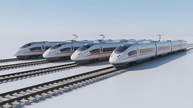 Four high-speed trains aligned on parallel tracks under a clear sky