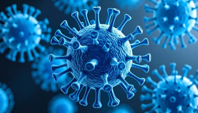 Digital rendering of spherical virus particles with spike-like protrusions on blue gradient background—symbolizing microscopic pathogens, virology, and infectious disease awareness.