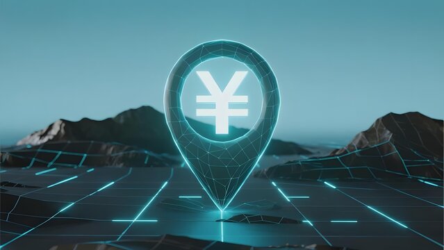 Futuristic Landscape with Glowing Yen Symbol Location Pin