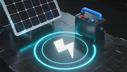 Solar Panel and Battery Connected with Energy Symbol, Representing Renewable Energy Storage