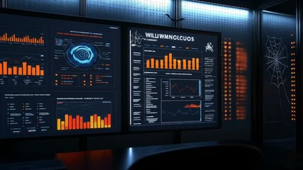 4k halloween video animation featuring glowing jack-o-lantern pumpkins themed data analytics and cybersecurity screens - Powered by Adobe