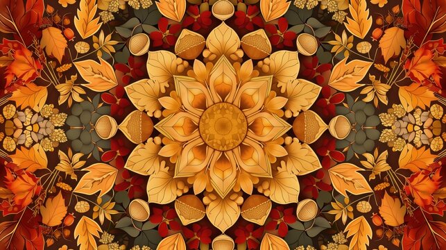 Digital illustration Mabon mandala design, autumn elements arranged in circular pattern, oak leaves, acorns, harvest moon, wheat stalks, pumpkins, symmetrical composition, warm orange gold red colors