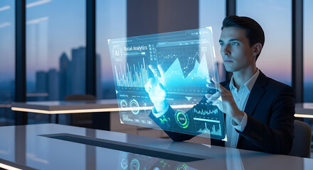 Man in suit interacting with futuristic interface in modern office setting with city skyline view ai generated