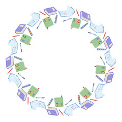 Circle doodle wreath frame with school books, workbooks, pencils. Hand drawn childlike vector illustration for school decoration, invitations, kids stationery isolated on white with copy space