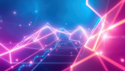 Abstract neon glowing lines and geometric shapes create a futuristic digital network on a dark background. Ideal for technology, data, or innovation concepts.