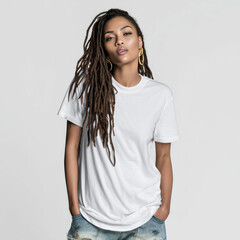 Obraz premium A black woman in a plain white t-shirt poses against a white background, offering a clean mockup for custom apparel design.