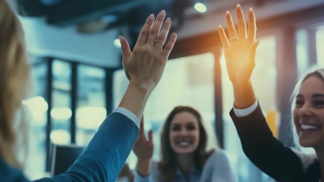 High fiving hands of two people clapping together in a meeting room.