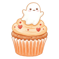 Cute ghost on top of a frosted cupcake with heart decorations isolate halloween